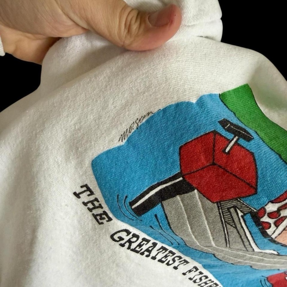 Sharky's 1989 Sweatshirt Sz XL Fishing Art‎ Funny Comic Raglan Sleeve White - Picture 5 of 8